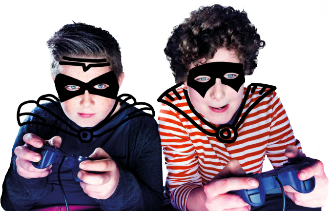 Kids gaming with superhero drawing